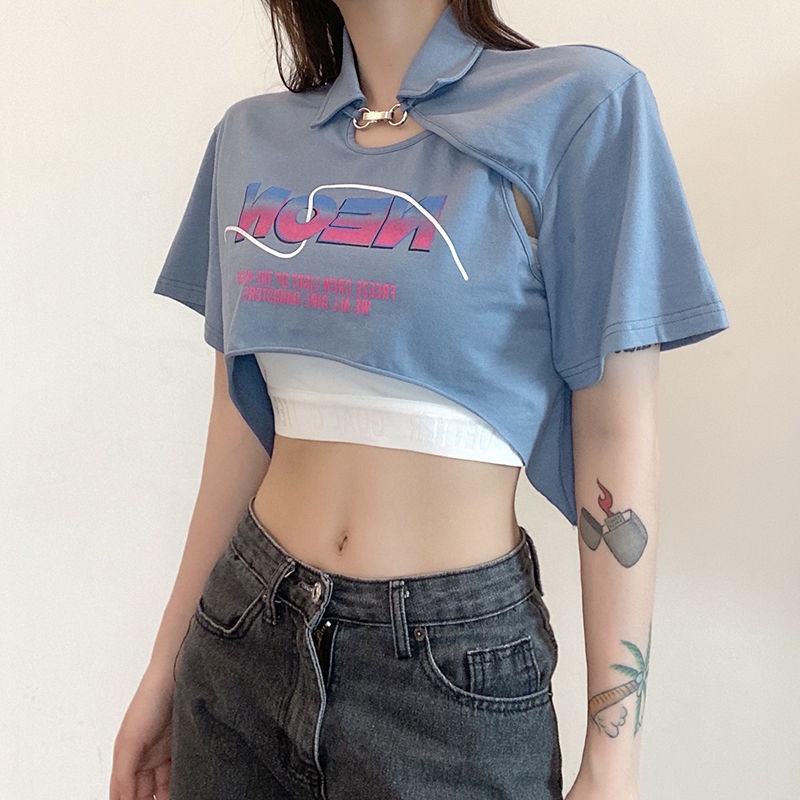 Kaos huruf retro biru seri gadis manis dan pedas StyleC dengan atasan dua potong tube top ramping pe