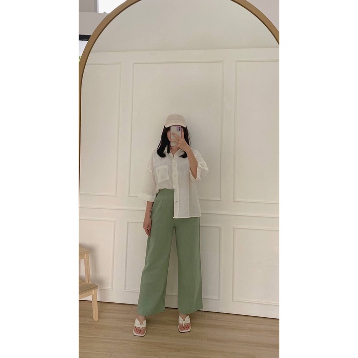 Kimmy Highwaist Cullote Pants  Wide Leg Linen Cullotes  Celana Panjang Linen Kulot Wanita-Green