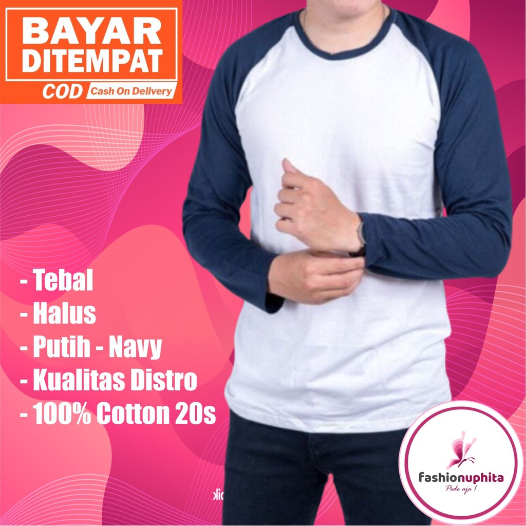 Kaos Raglan Pria Lengan Panjang Baju  Putih Navy  Long 