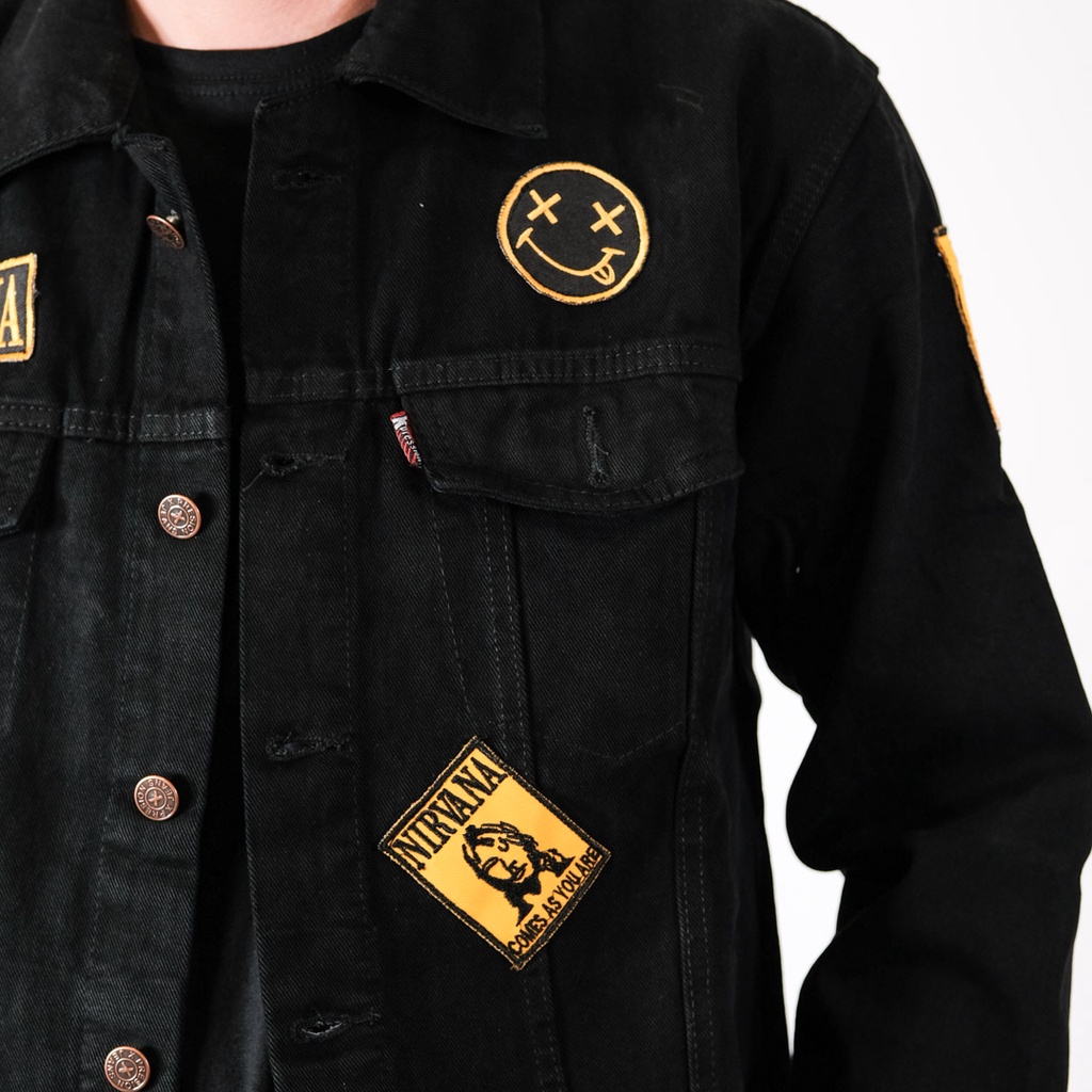 Jaket Jeans Bordir Hitam / Jaket Denim Patch Band - Nirvana