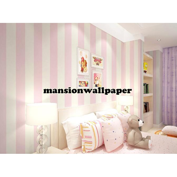 Cuci Gudang Wallpaper Dinding Garis Stripe Pink Putih Berkualitas