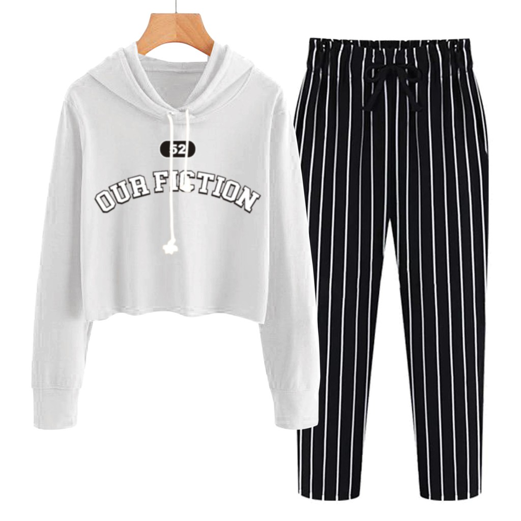 BESS - Baju Setelan Wanita Murah / Setelan Hoodie Crop + Celana Salur Hitam - OUR FICTION