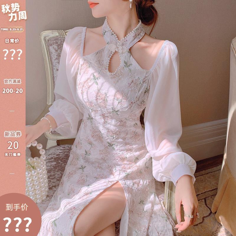 Vintage modified cheongsam dress for girls 2021 autumn new sexy neck hanging off shoulder split pure