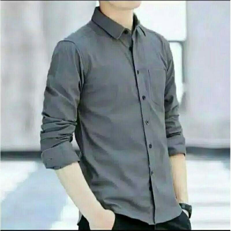 kemeja cowok polos pria lengan panjang slimfit hem pria kantor hitam navy putih maron Army