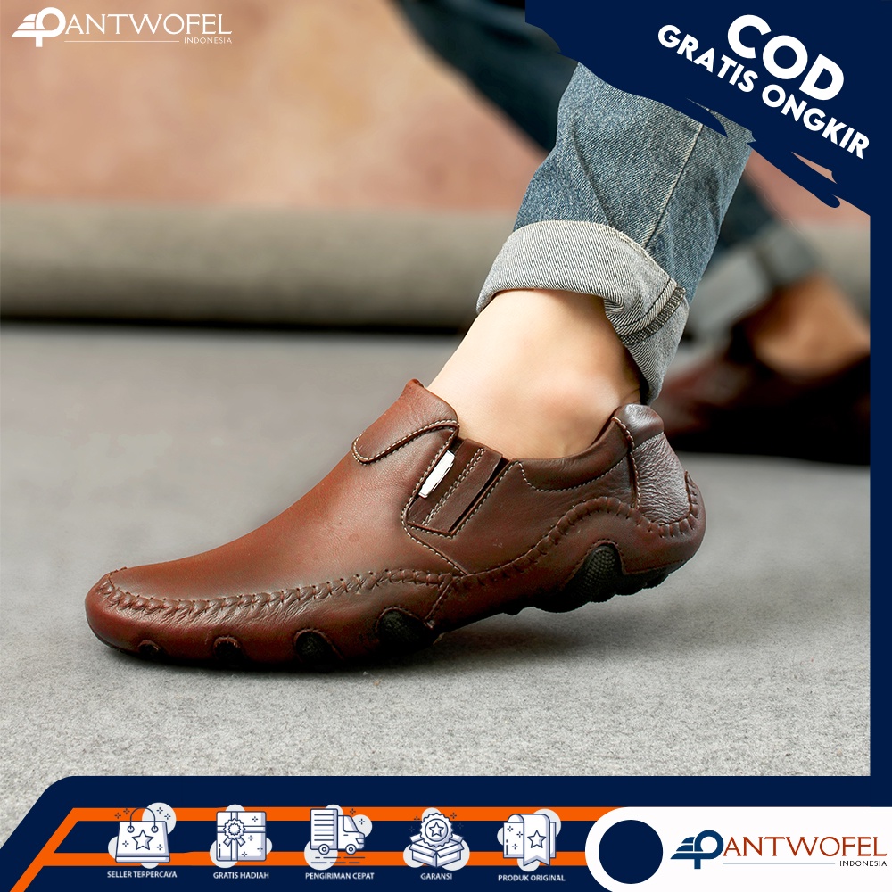 PTW X LIBE - Sepatu Pantopel Oxford Formal Kerja Cowok Slip On Anti Slip Bahan Kulit Sapi Asli Kualitas Premium Ukuran 39 - 43 Warna Cokelat Hitam - Spatu Fantopel Kasual Kerja Kantoran Resmi Rapat Dinas Paspampres Pansus Nikahan Lamaran Pesta Crocodile