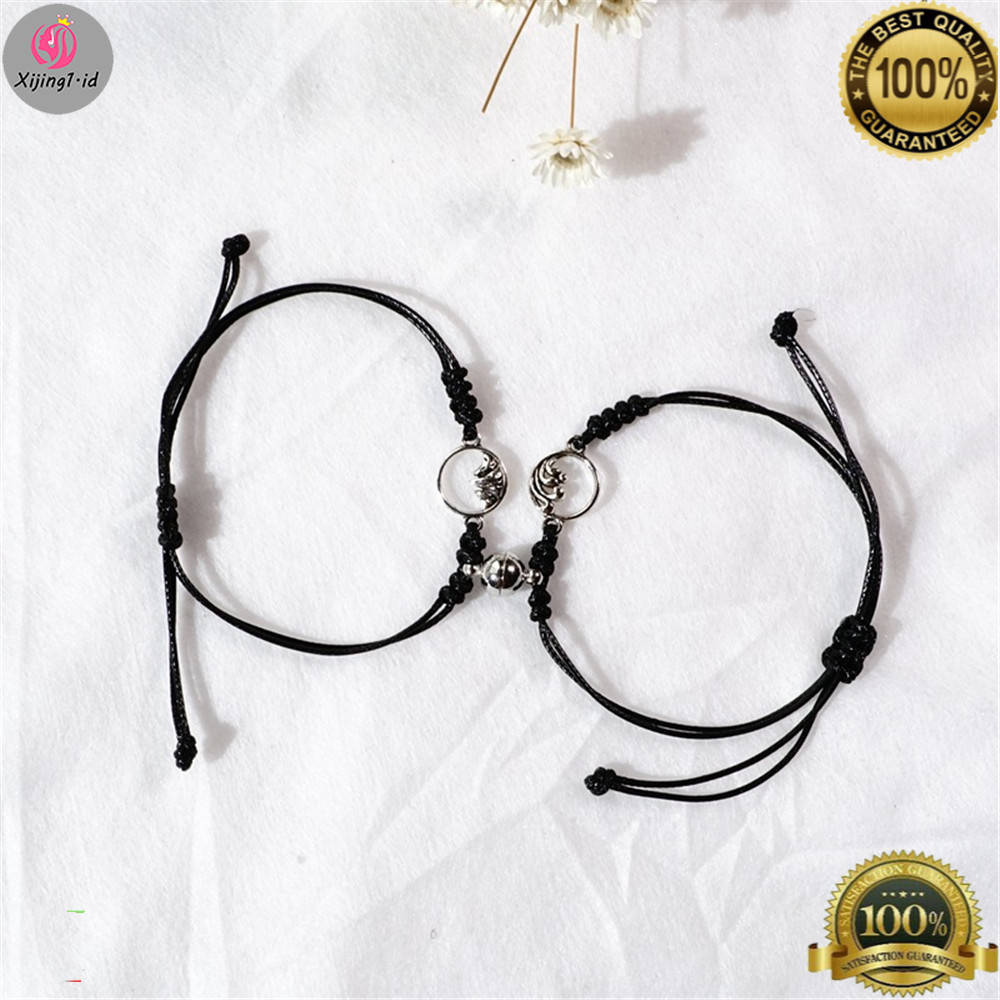 2Pcs Set Gelang Tali Magnet Pria Wanita Teman Pasangan Gadis Hitam Couple