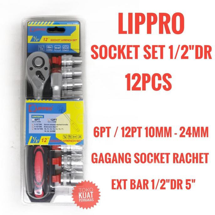 LIPPRO SOCKET KUNCI SOK SET 12PCS 1/2"DR 6PT 12PT 10-24MM + RACHET
