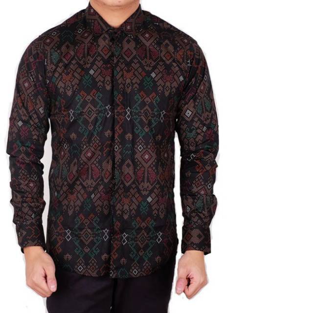 ameliashop16 kemeja pria batik  songket hitam navy lengan  