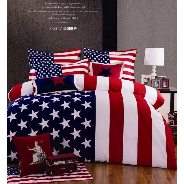 BEDCOVER BENDERA AMERIKA MOTIF BUNGA KOTAK KOTAK SET SPREI 180x200 JUMBO BANTAL 2 GULING 2