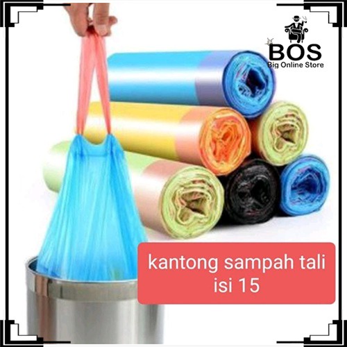 BOS - Kantong Sampah Tali isi 15 Lembar Ukuran 45x50cm Plastik Sampah Gulung Roll