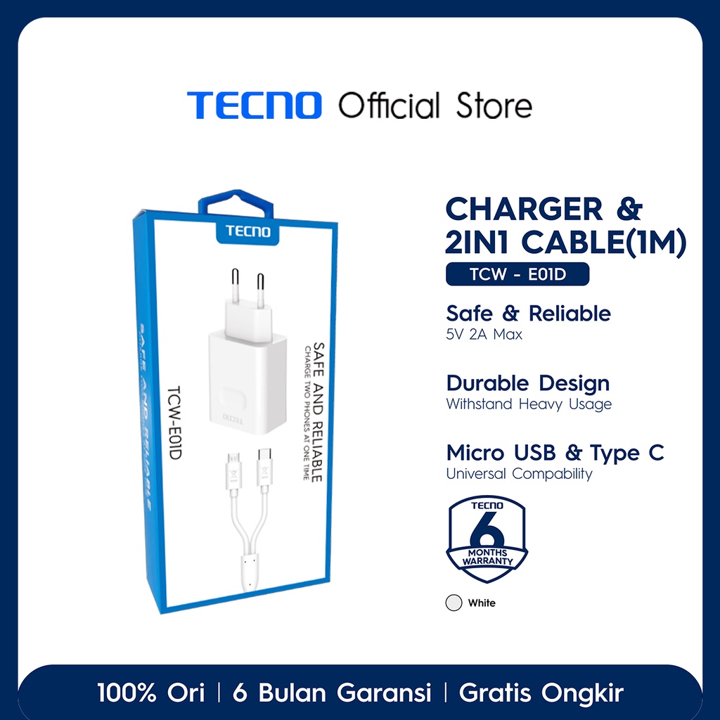 TECNO TCW-E01D Charger + Data Cable [Charging Android, Micro USB + Type C, Kabel 1M]