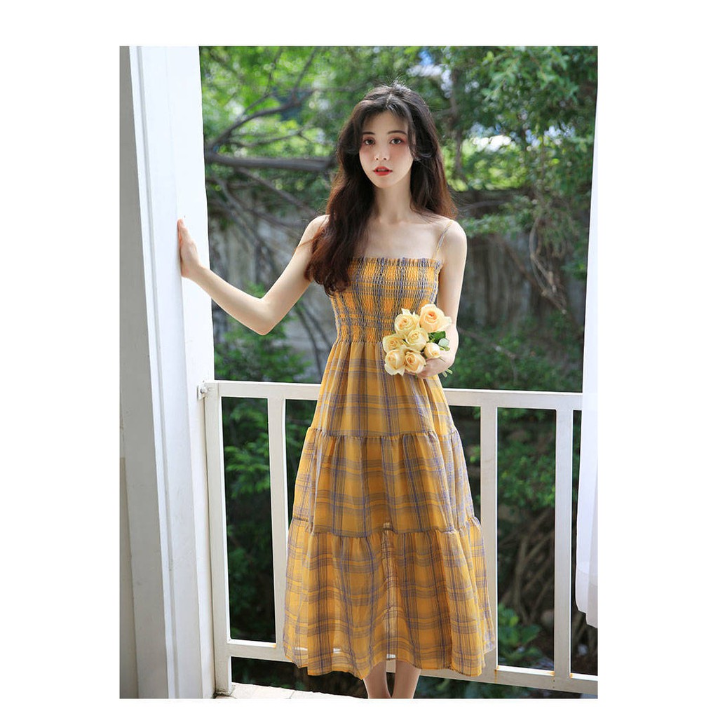 KDR-49 mid-length summer dress tartan setelan wanita import korea