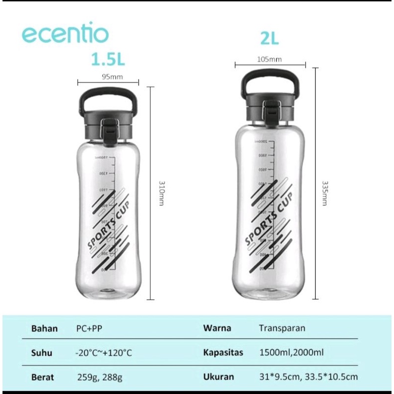 ECENTIO 1500/2000 ML Botol Minum BIG SIZE Kapasitas Besar Sporty dan Trandy SPACE CUP