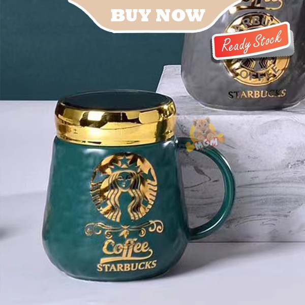 Gelas Starbucks Keramik Mug Starbucks GOLD dengan Tutup Kaca