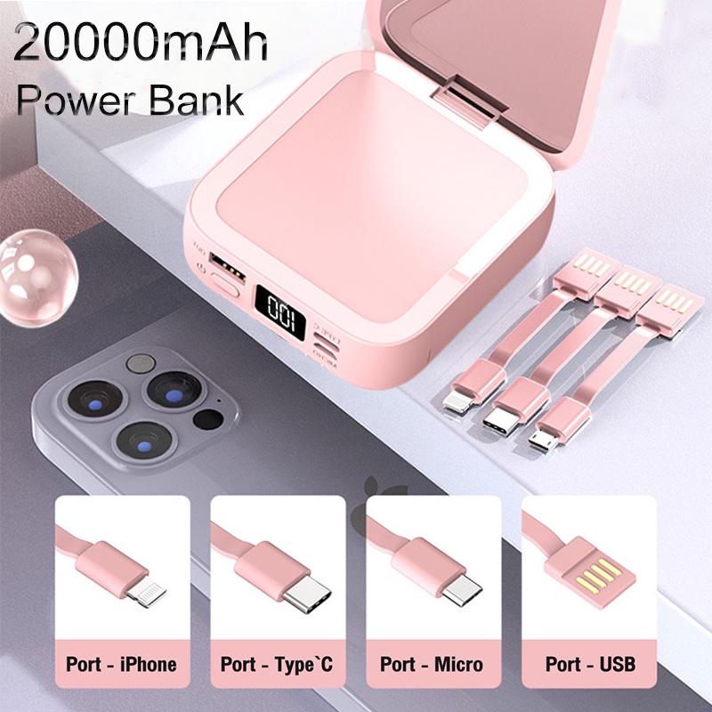 Original100% Powerbank 20000mAh Built-in 3 Cables 3.1A Fast Charging With Beauty Mirror