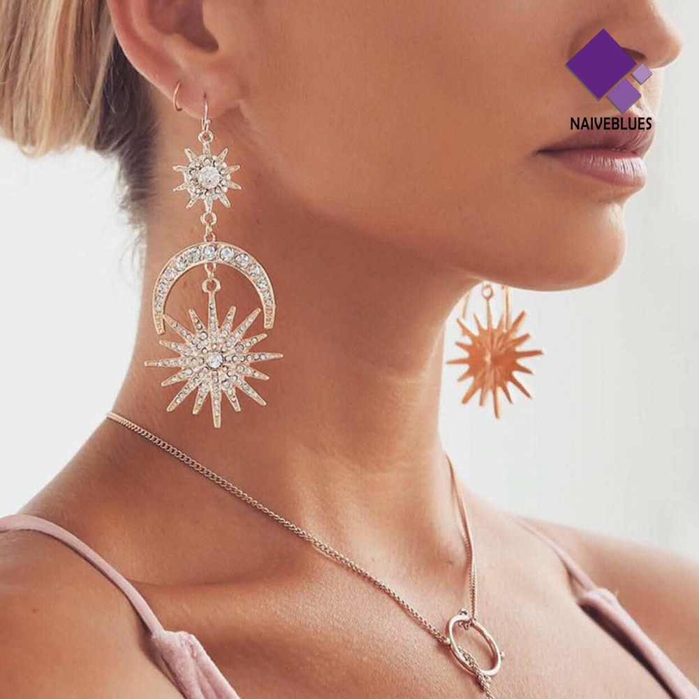 Naiveblue &gt; Anting Kait Gantung Statement Desain Matahari + Bulan Hias Berlian Imitasi Gaya Boho Untuk Wanita