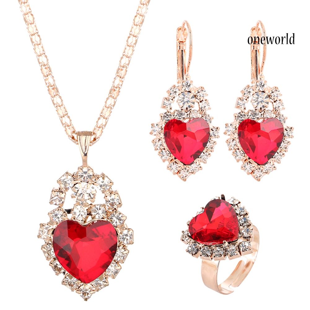 OW@ Wedding Heart Pendant Rhinestone Inlay Necklace Earrings Ring Bridal Jewelry Set