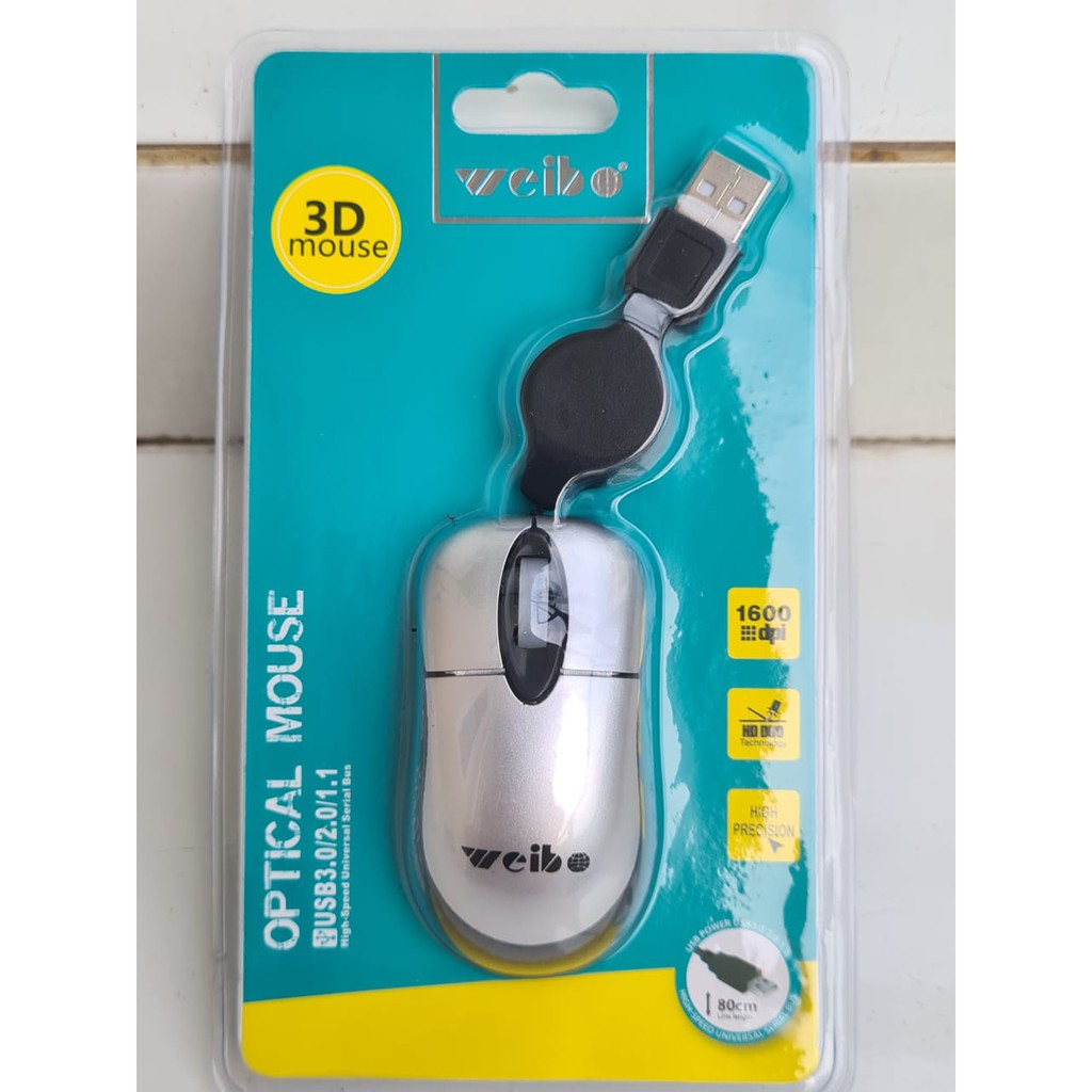 Optical Mouse weibo mini model tarik kabel 3d 1600 dpi tanpa baterai portable