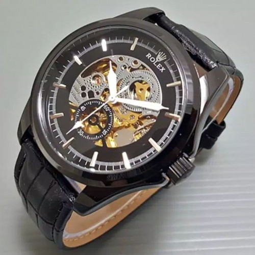 Jam Tangan Pria / cowok Rolex Automatic Transparan Hitam Tali Kulit