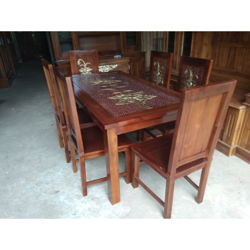 MEJA MAKAN KAYU JATI MOTIF 6 KURSI