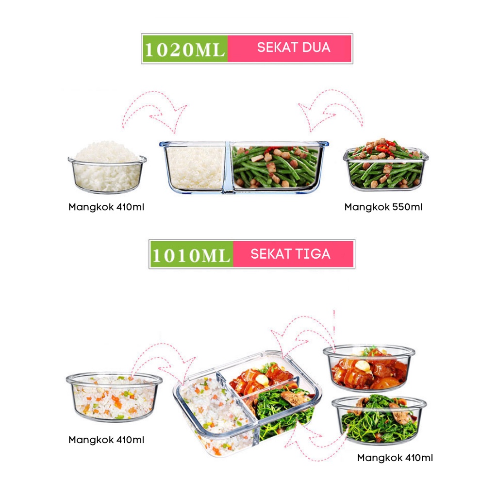 Microwave Glass Food Container / Tempat Makan Kaca Tahan Panas / Anti Campur / Tebal