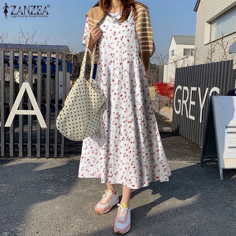 ZANZEA Women Ruffle Fashion Floral Printed Tiered Casual 3/4 Sleeve Loose Long Dress