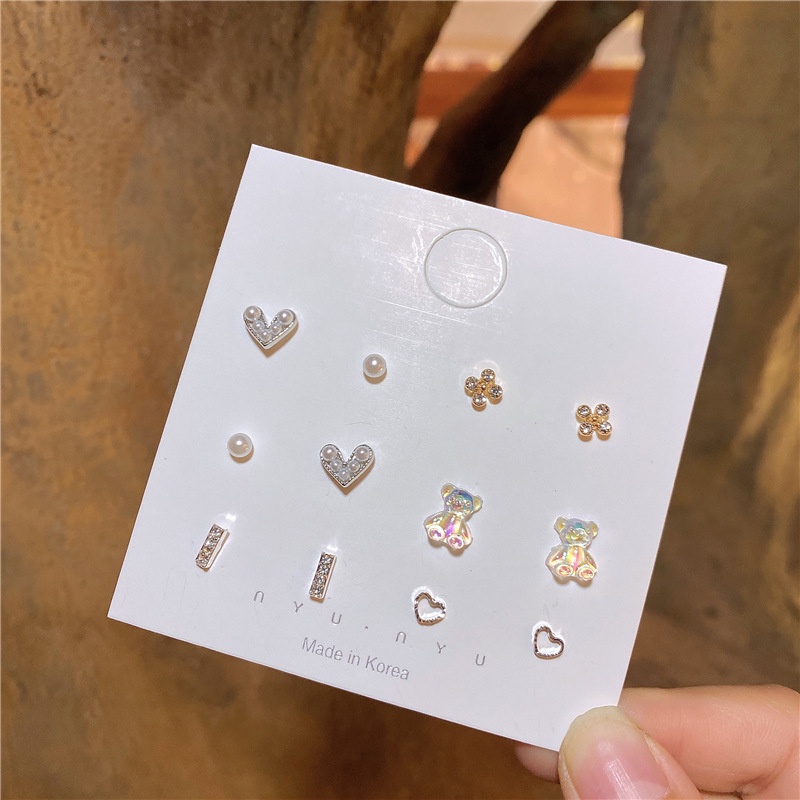 6 Pairs/Set Cute Pearl Heart Bear Stud Earrings Anting Kristal Sederhana untuk Wanita