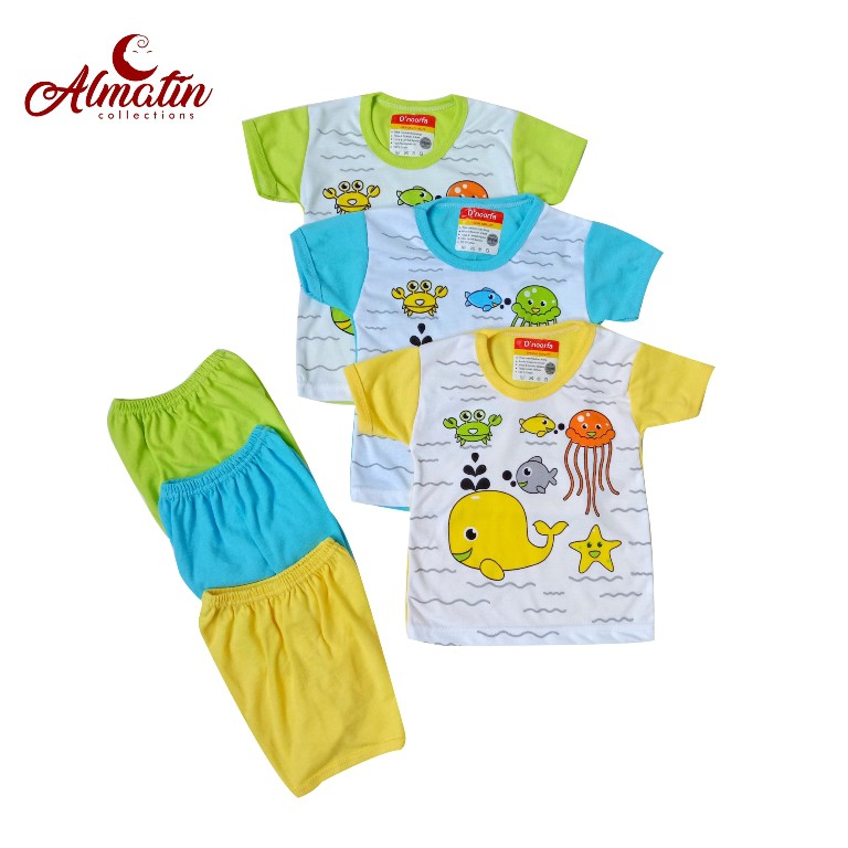 Setelan Baju Bayi Tangan Pendek Oblong Dapat 3 Setel / 3PcsSetelan Baju Bayi Tangan Pendek 0-8 Bulan