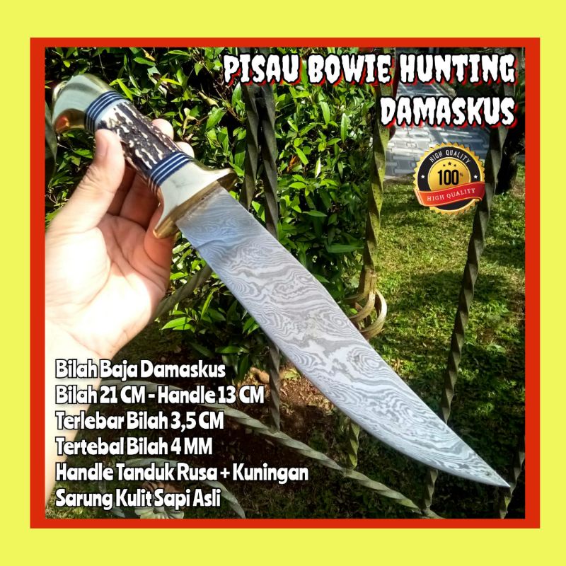 PISAU SEMBELIH BOWIE HUNTING BILAH DAMASCUS SUPER TAJAM BERKUALITAS PREMIUM