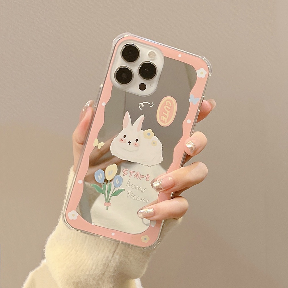 IPHONE Lukisan Cat Minyak Kelinci Merah Muda Hewan Lucu Ponsel Mirror Case Cover Untuk Iphone7 8 PLUS X XR XS 11 12 13 14 MINI PRO MAX SE 2020 Soft Cover