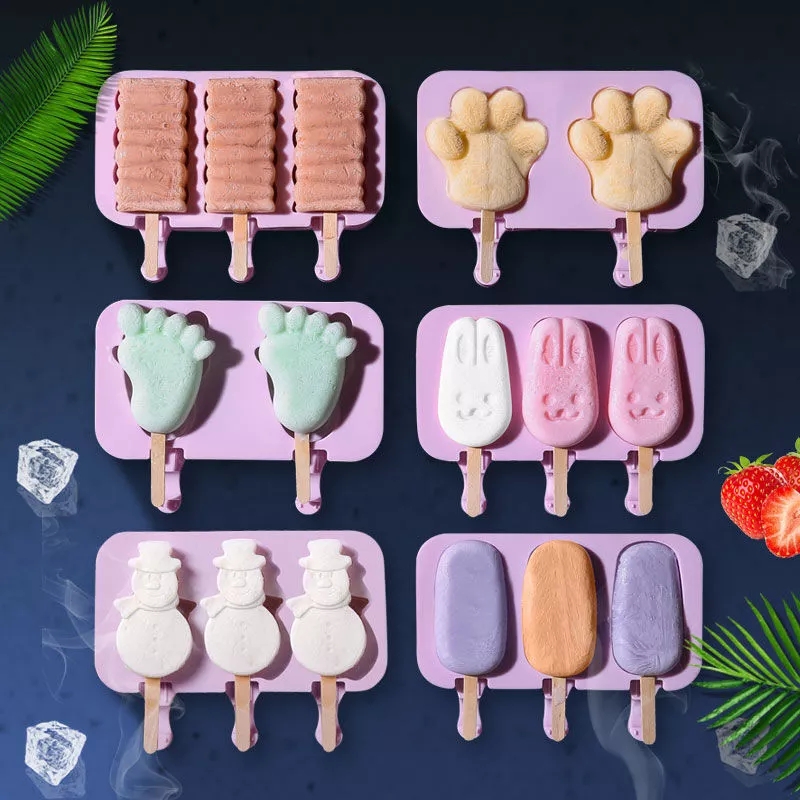 Cetakan Es Krim Loli Homemade DIY Bahan Silikon Motif Kartun Dengan Tutup