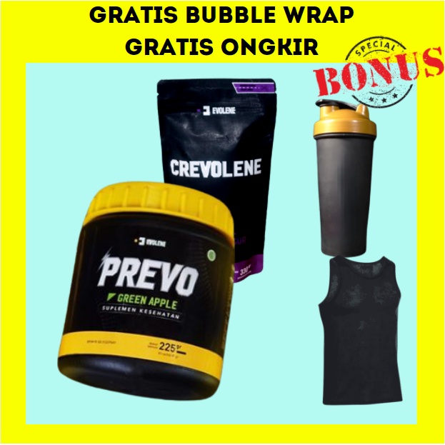 PREVO 1 BOTOL ISI 45 PRE WORKOUT GREEN APPLE BPOM HALAL PREWORKOUT  EVOLENE PROTEIN EVOLEN EVOLINE / EVOMASS 912 GRAM 2 LBS EVO MAS MASS WHEY PROTEIN SACET ECER SASET PRO PREVOLENE SACHET BONUS CREATIN EVO BAR