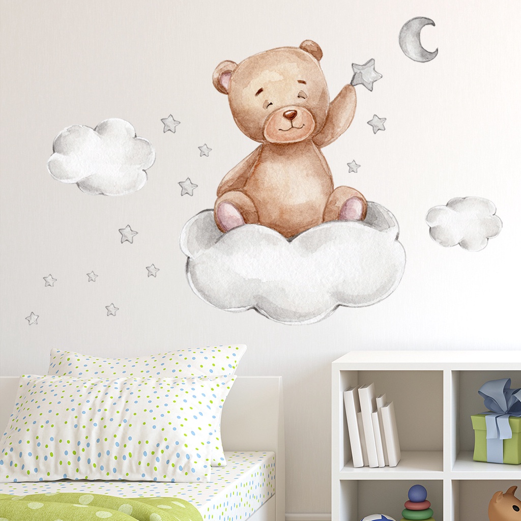 [ Creative Cartoon bear moon clouds stars wall stickers decoration for Home Living Room Children's Room Background ]