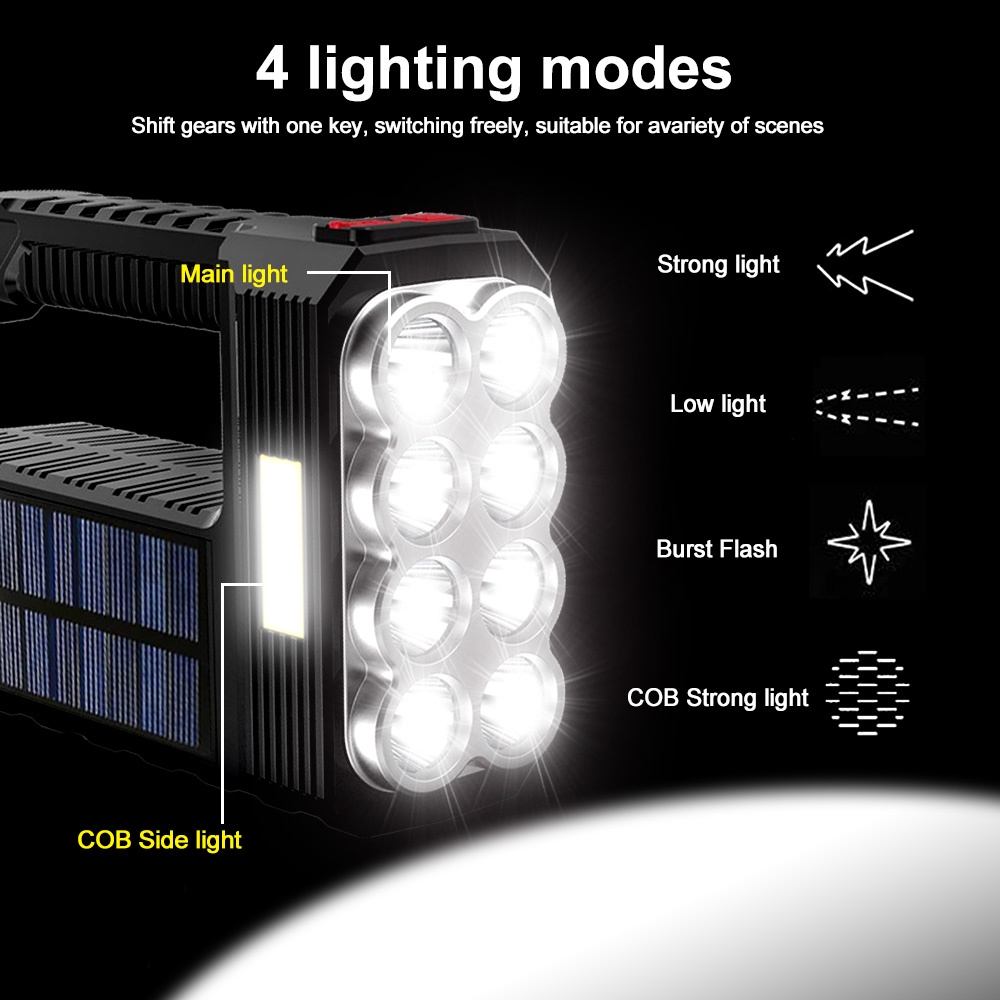 Lampu Senter 8-led COB Tenaga Surya / USB Rechargeable 4 Mode Anti Air Untuk Hiking / Camping / Survival