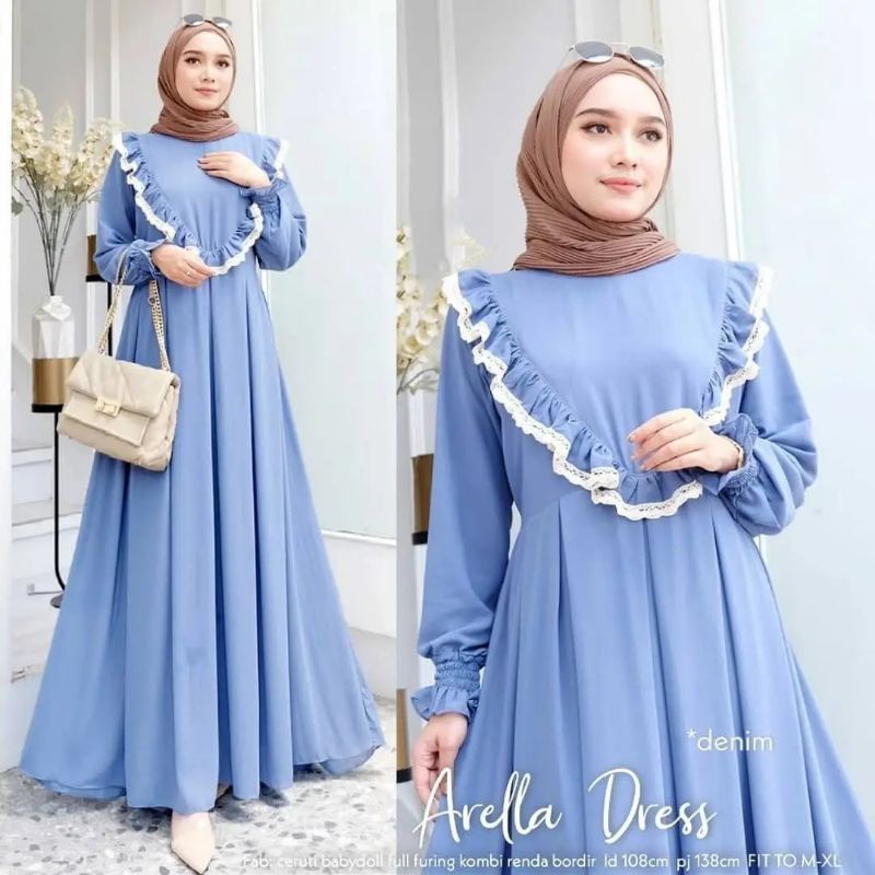 DRESS ARELLA CERUTY BABYDOLL/DRESS FULL FURRUNG APLIKASI RENDA/GAMIS MUSLIM WANITA TERBARU/FAR MOSLEMSTORE2