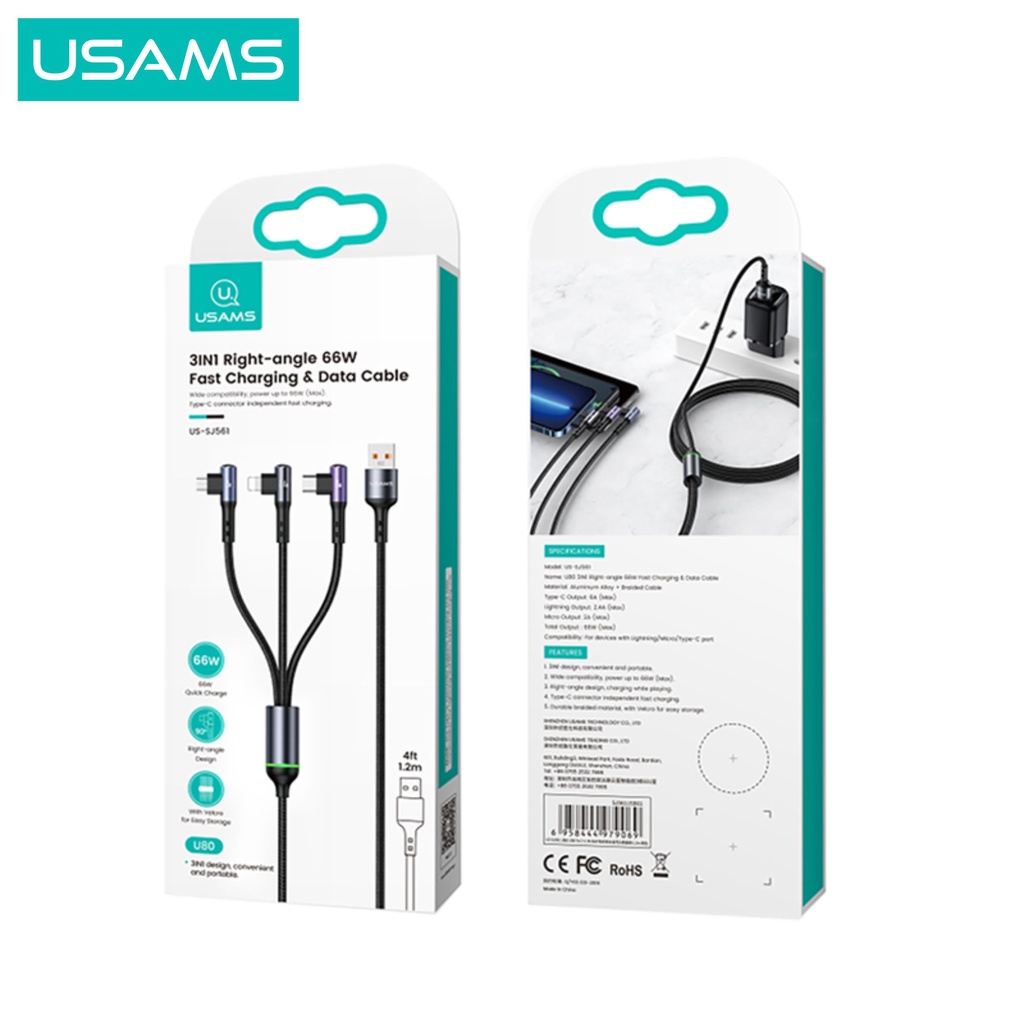 USAMS U80 Kabel Data Fast Charging 3in1 66 W Right Angle