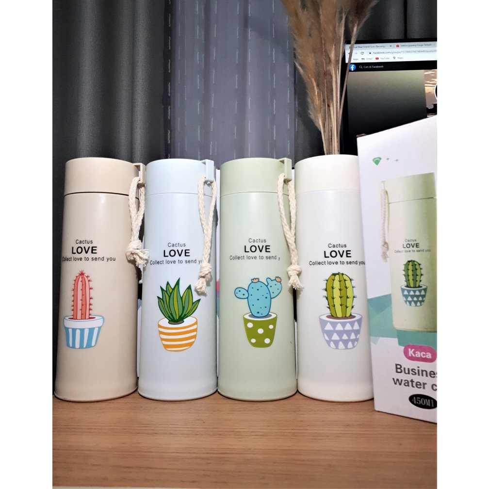 Botol Termos Motif Botol Minum Kaca Motif Kaktus Model Unik 450 ML Plus BOX