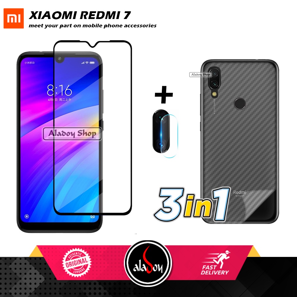 PAKET 3 IN 1 Tempered Glass Layar Xiaomi Redmi 7 Free Tempered Glass Camera dan Skin Carbon