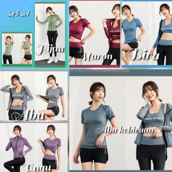 Baju SET 5in1 Gym / olah raga 7187 (Jaket+bra+kaos+hotpen+leging)