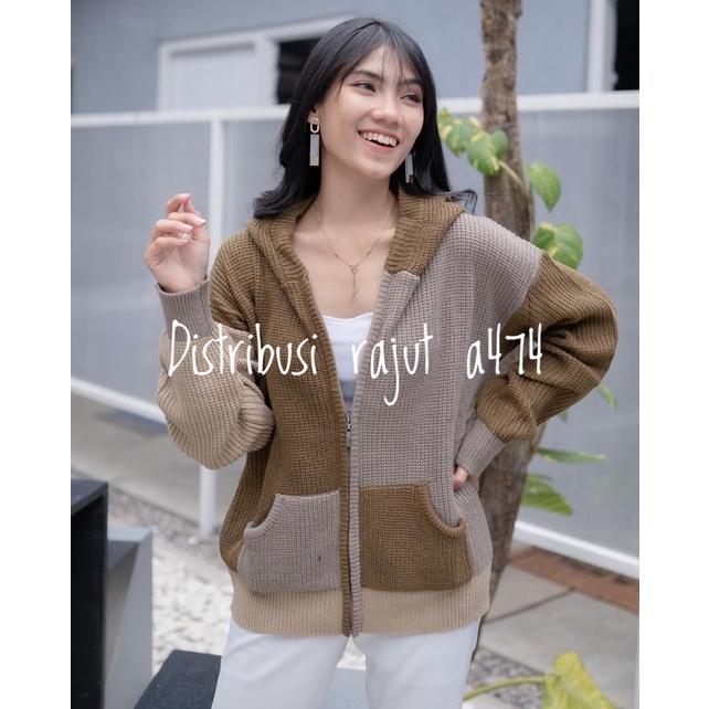 JAKET SWEATER HOODIE RAJUT TWOTONE OVERSIZE RESLETING TEBAL