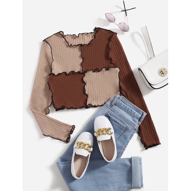 SEAM FRONT CROP TOP BLOUSE - TWO TONE CROP BLOUSE