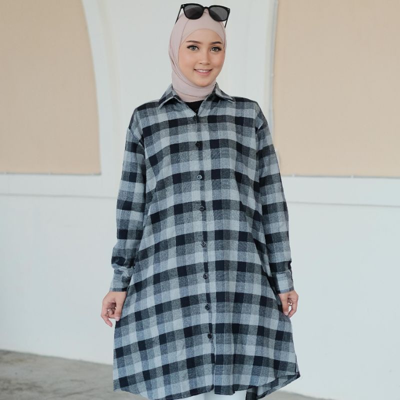 4s Grosir Solo || Kemeja Tunik Kotak Wanita Busui full kancing || Kemaja Tunik Muslimah || TUNIK FLANEL KOTAK KERAH KANCING BUSUI FRIENDLY TARTAN