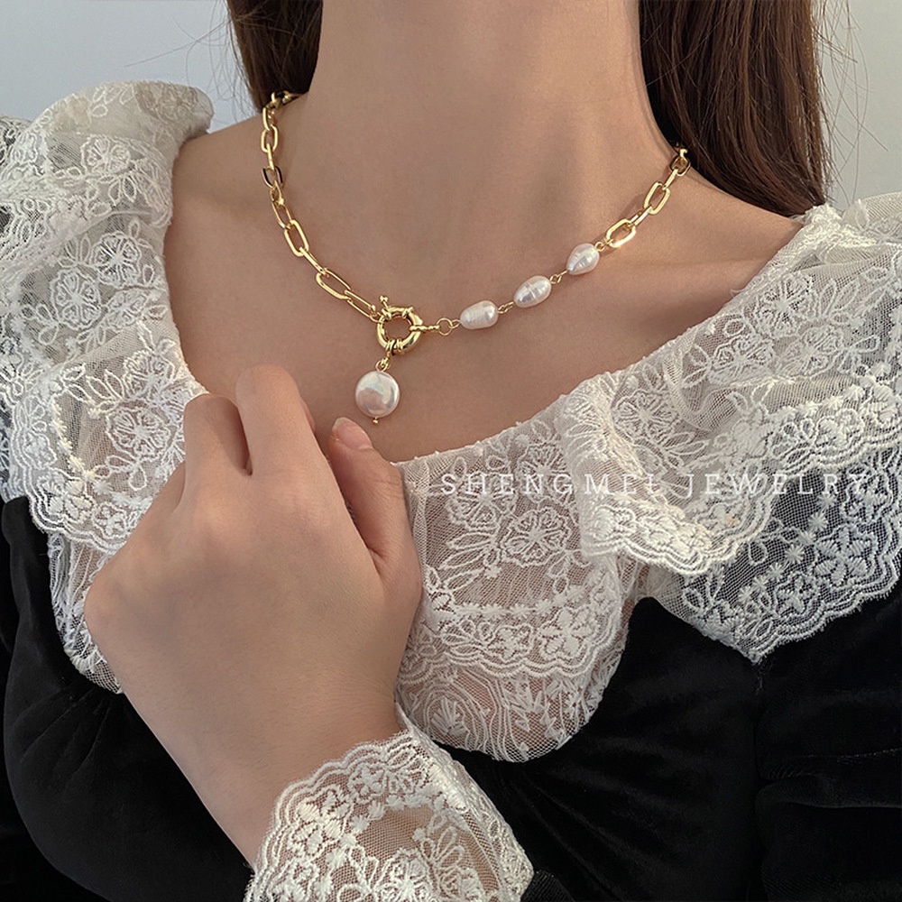 Baroque Pearl Pendant Necklace Asymmetric Clavicle Chain Vintage Women Ladies Alloy 2021 New