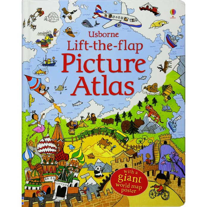 (LTF-USB-PICATLAS) Usborne Lift-the-flap Picture Atlas With a Giant World Map Poster