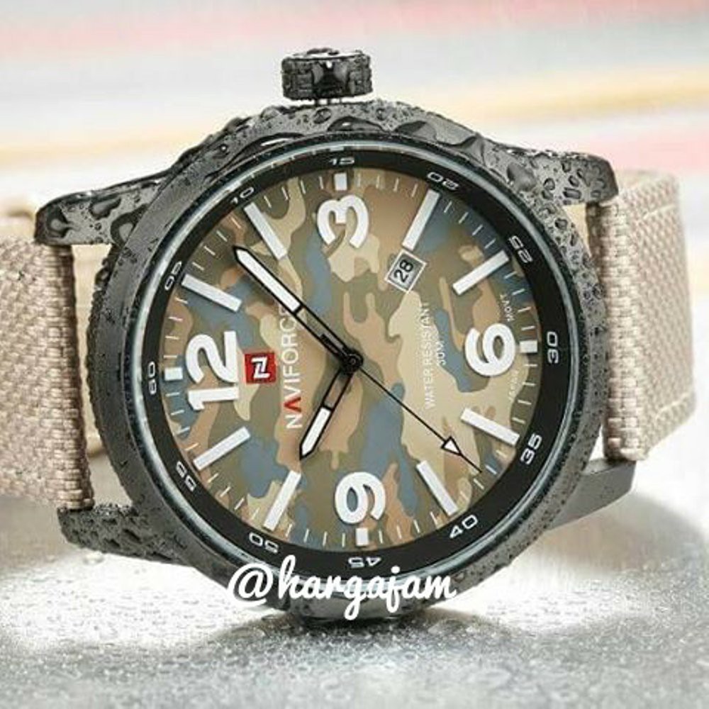 Jam Pria Original Naviforce 9080 Loreng Hijau Tali Kanvas Krem (hargajam harga jam TNI Polri)
