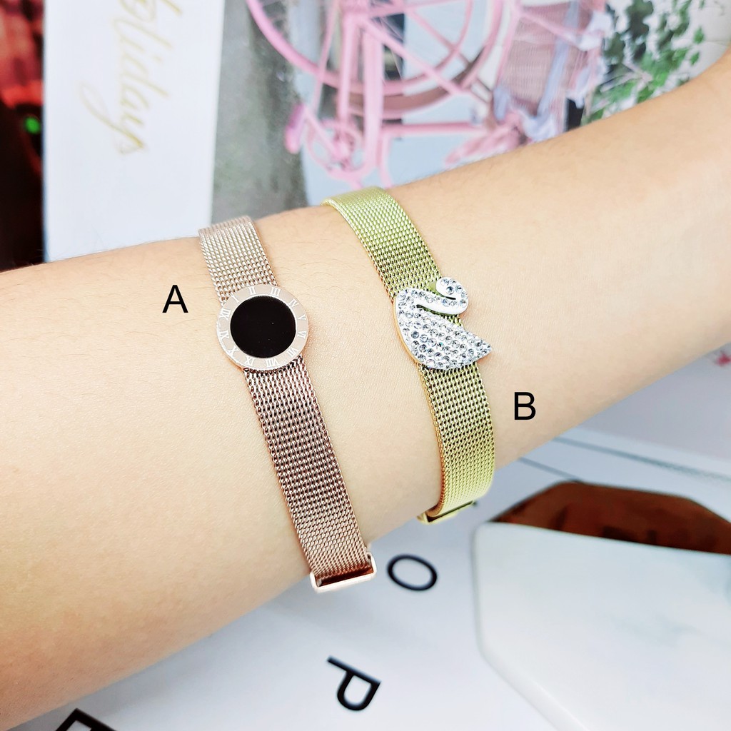 Gelang Titanium Rantai Jam Angsa Bulat Hitam Romawi Rose Gold - BB599