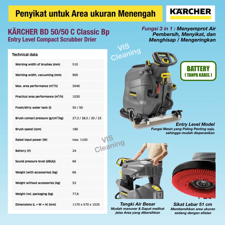 Mesin Penyikat Lantai (Scrubber Drier) Karcher BD 50/50 C (Battery)