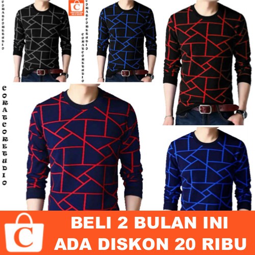 Kaos Sweater Pria Korea Panjang Sablon Garis HITAM BIRU DONGKER NAVY TUA ELEKTRIK BENHUR MERAH CERAH