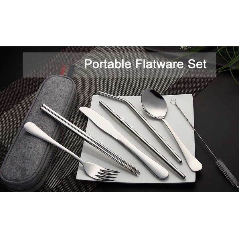 Knifezer Set Alat Makan Sendok Garpu Pisau Sumpit Sedotan Besi Japanese Style - EA02300 - Silver