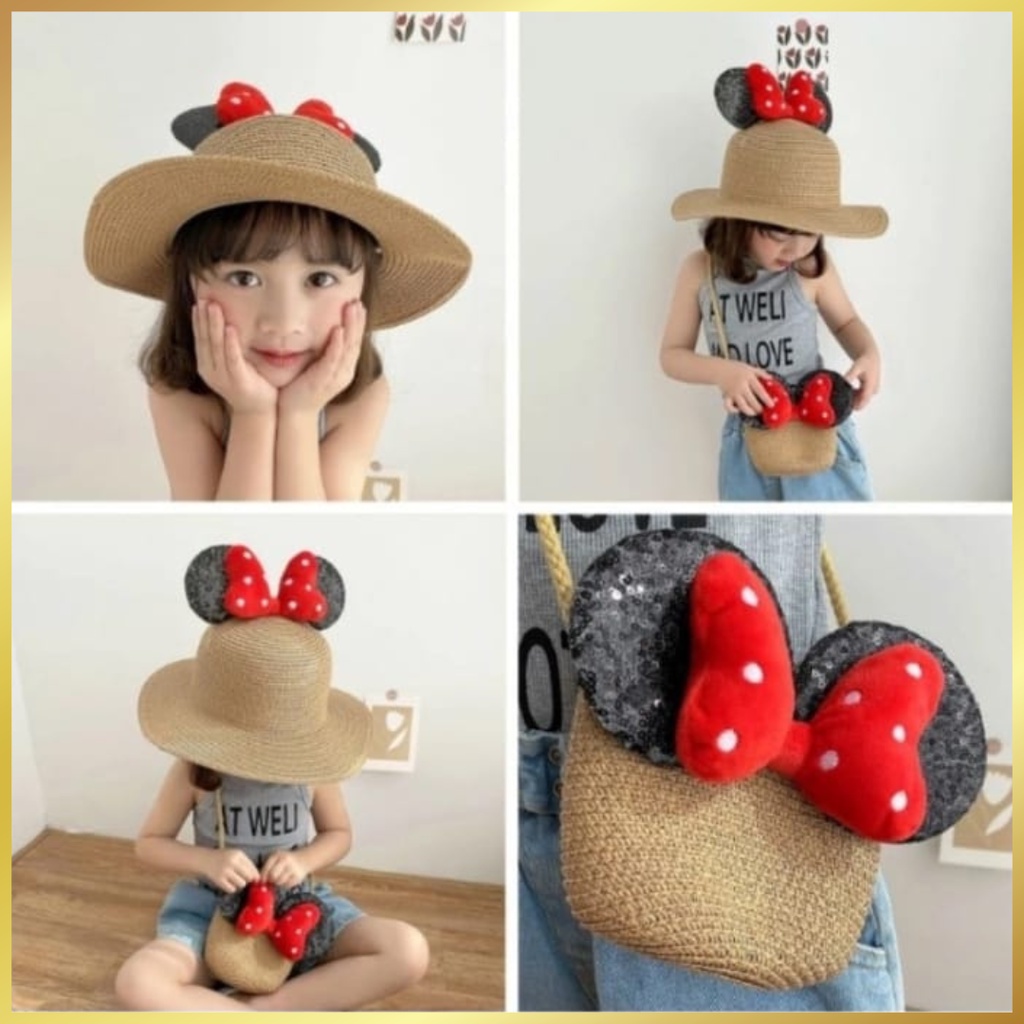 TOPI BUCKET MIKI HAT PANTAI BULAT ANAK PEREMPUAN MURAH CEWEK CEWE LIPAT JERAMI LUCU POLOS TALI 2 3 4